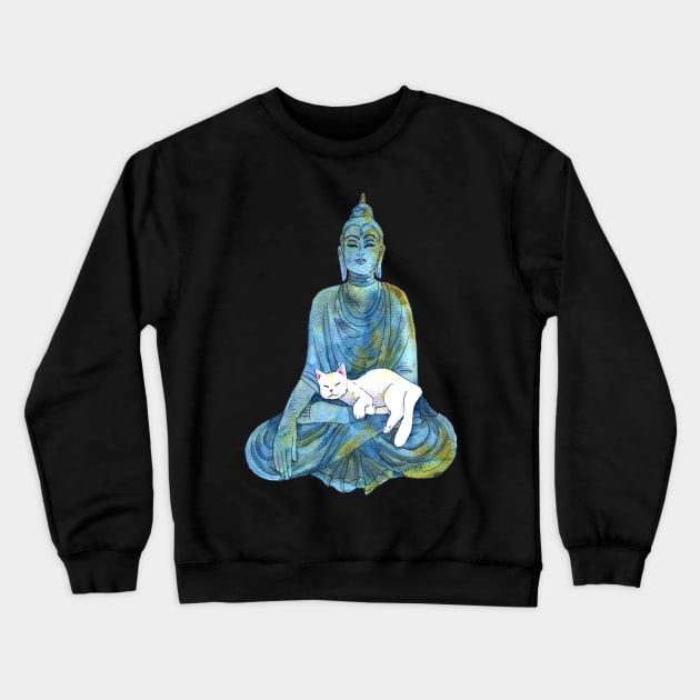 Blue Watercolor Buddha Statue with Sleeping White Cat Crewneck Sweatshirt by venglehart